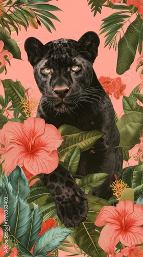Realistic vintage drawing of panther flower wildlife animal.