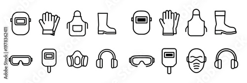 Safety icons with welding helmet glove apron minimal