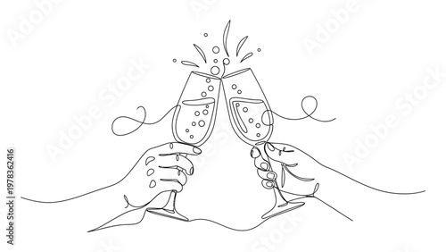 Two hands clinking champagne glasses together. Continuous line style. Hand drawn. Line art. Vector design. illustrations