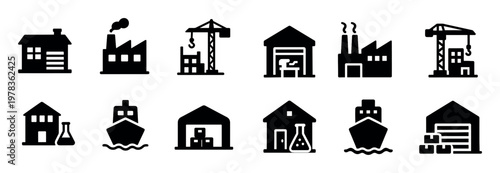Industry icons with factory crane warehouse solid