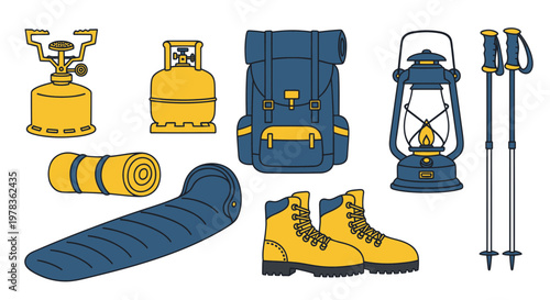 Camping Gear and Hiking Equipment Flat Design Set