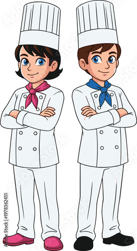 Cartoon illustration of two confident chefs in traditional uniforms with tall hats, crossed arms, teamwork concept for culinary design and restaurant branding