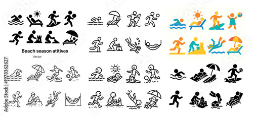 Beach icons with swimmer surfer umbrella flat