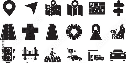 Vector graphic illustration of various transportation and navigation icons on a white background