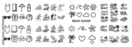 Beach icons with swimsuit umbrella ball outline