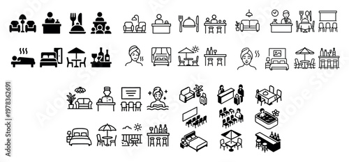 Hospitality icons with bed table chair minimal outline