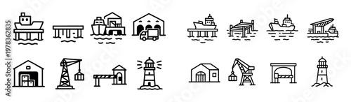 Maritime icons with ship dock lighthouse outline