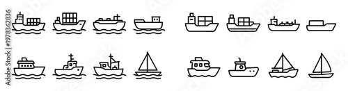 Nautical icons with ship boat sail outline