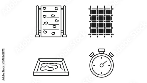 Gym Icons: This minimalist artwork shows four common gym icons, depicting rock climbing, a cross grid, sandbox, and stopwatch. These icons invite thoughts of fitness, challenge.