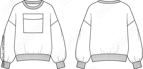 Technical flat sketch of sweatshirt with crew neckline, ribbed cuffs, ribbed hem, long sleeves, chest patch pocket, front and back construction illustration
