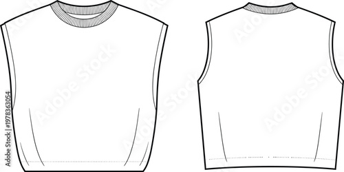 Technical flat sketch of sleeveless crew neck top with ribbed neckline, wide armholes, straight hemline, front and back construction details for fashion design illustration