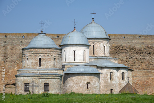 View on the ancient temples of the Ivangorod Fortress, Leningrad Region, Russia