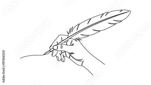 A hand holding a feather quill pen. Continuous line style. Hand drawn. Line art. Vector design. illustrations