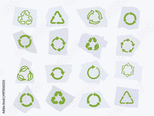 Recycle vector icon set with arrows, organic, leaf eco symbols in rounded style. Recycling signs isolated on white background, eco friendly green for sustainability themes. Logo on torn paper.