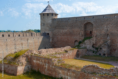 The foundation of an ancient fortress from 1492 in the courtyard of the Ivangorod fortress. Leningrad Region, Russia