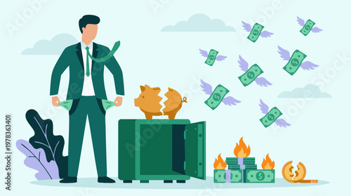 Financial loss: businessman, money flying, burning cash, broken piggy bank.