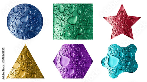 Abstract colorful shapes with water drops texture isolated on white background various geometric forms