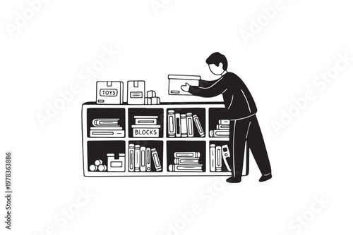 Hands Organizing Bookshelf with Storage Boxes and Books – Home Organization Illustration for Minimal Living, Productivity, and Interior Management Content