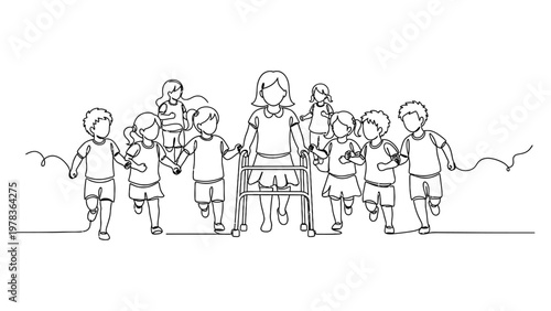 a group of diverse children walking together. Continuous line style. Hand drawn. Line art. Vector design. illustrations