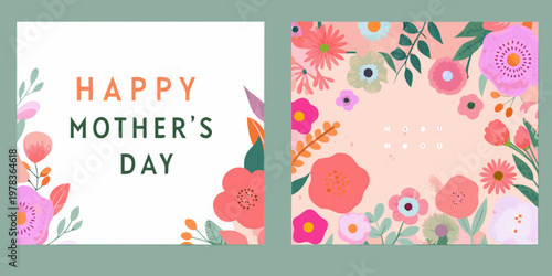 Festive mother s day card with colorful floral illustrations and text