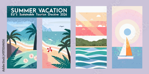 Summer vacation banners with tropical scenes and sustainable tourism focus