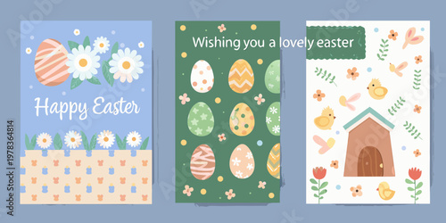 Colorful easter greeting card designs with eggs flowers and chicks