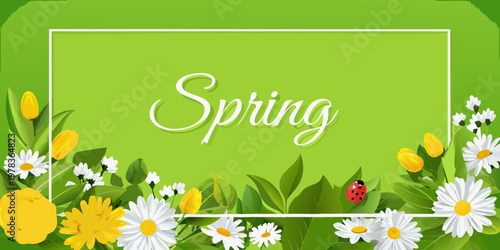 A vibrant spring themed image with flowers a ladybug and text