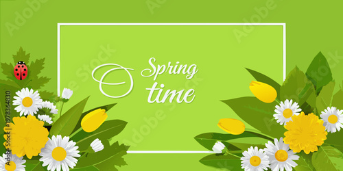 Springtime floral arrangement with ladybug and decorative text on green