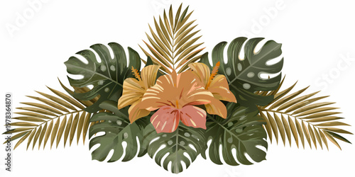 Tropical floral arrangement featuring hibiscus monstera and palm leaves