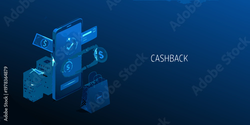 Isometric illustration depicting mobile payment cashback and online shopping concepts