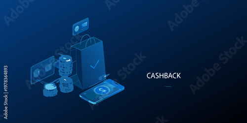 Isometric illustration depicting online shopping cashback and digital payment methods
