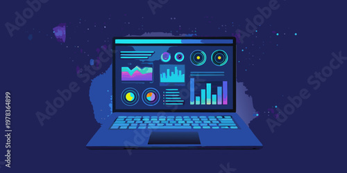 Laptop displaying complex data visualizations and analytical dashboards