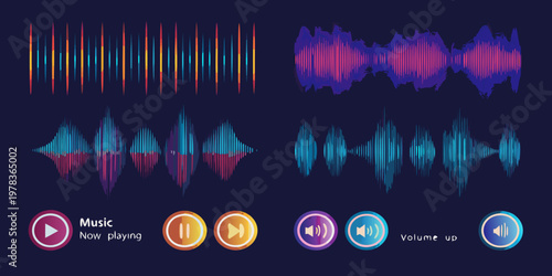 Colorful sound wave visualizations and music player control icons displayed