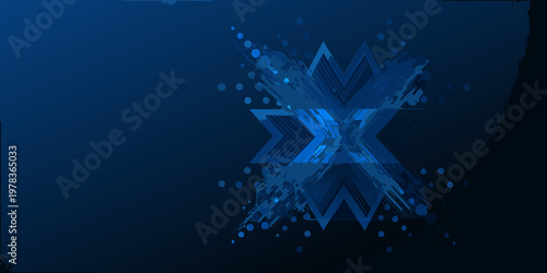 Abstract blue geometric starburst pattern with scattered digital effects