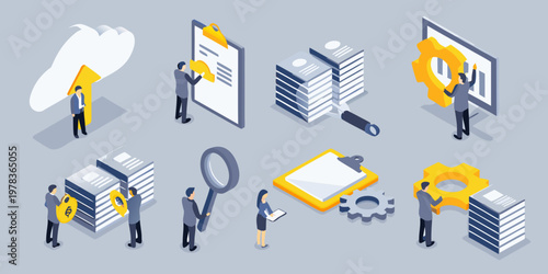 Isometric illustration depicting data analysis cloud computing and business solutions