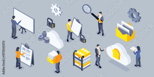Isometric illustration depicting business solutions data security and collaborative work