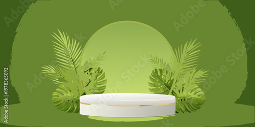 Minimalist product display with tropical leaves and a white pedestal