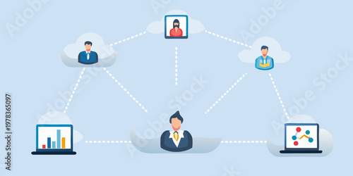 Illustration depicting a network of people connected through digital devices