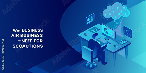 Isometric illustration of a person working with cloud computing technology