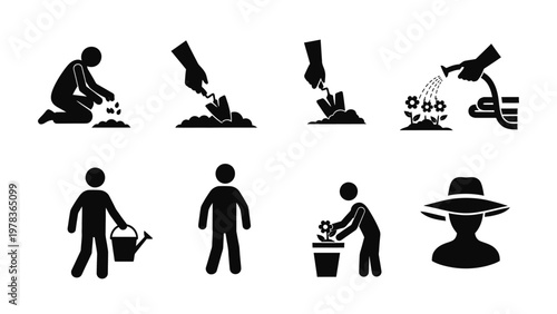 Black silhouette icons of people gardening.