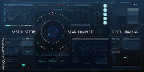 Futuristic user interface displays complex system status and orbital tracking data