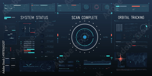 Futuristic system interface displays orbital tracking and scan completion data