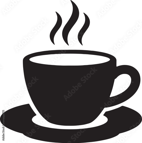 Hot coffee cup with steam and saucer silhouette vector icon