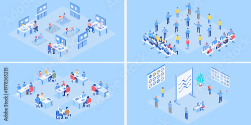Isometric illustration depicting various modern office workspace layouts and people