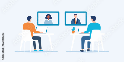 Two people conduct a virtual meeting with two participants on screens