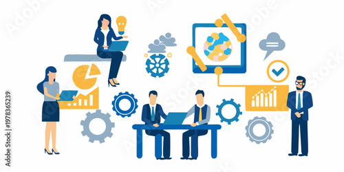 Team collaboration and innovative problem solving depicted in a modern illustration