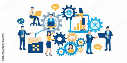Team collaboration and workflow illustration featuring gears and digital elements
