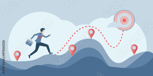 Business professional running towards a target with a path of location markers