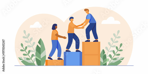 People helping each other climb stacked blocks symbolizing support