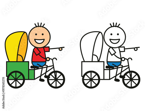 Boy on tricycle with carriage, match and color, fun outdoor activity.